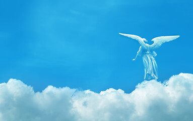 Beautiful angel gracefully running on a billowy cloud - 689920587