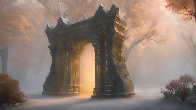 Beyond arching stone gate, ethereal mist shrouded air, obscuring vision walked further into Elemental Nexus. pushed through fog, could make shimmering pillars fire, 2d animation