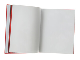 Open book with red cover on white background, top view. Mockup for design