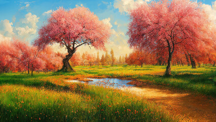 Tranquil park with pretty pink cherry blossom trees and a small pond, Spring renewal and feeling of revival walking down the flowering footpath - artistic painting.  - obrazy, fototapety, plakaty