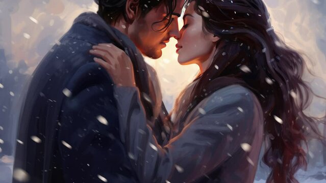 Winter, snow, love, man and woman A man and a woman kissing in the snow. Imaginary AI picture. - Seamless loop animation, created using AI Generative Technology