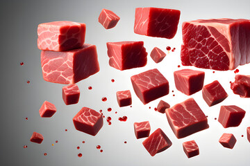 Flying Taste: Hexagonal PNG images of falling meat separated against a transparent or white background generative ai

