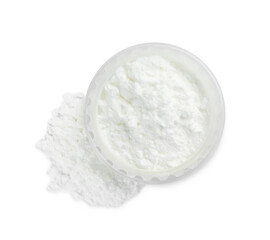 Rice face powder on white background, top view. Natural cosmetic