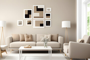 Living room interior in beige colors with six white frame.