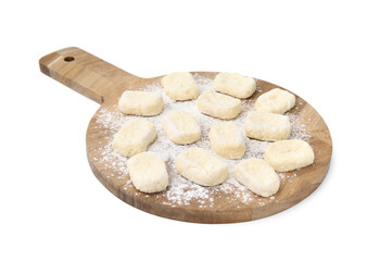 Making lazy dumplings. Wooden board with cut dough and flour isolated on white