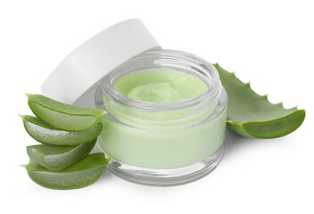 Jar of natural cream and cut aloe leaves isolated on white