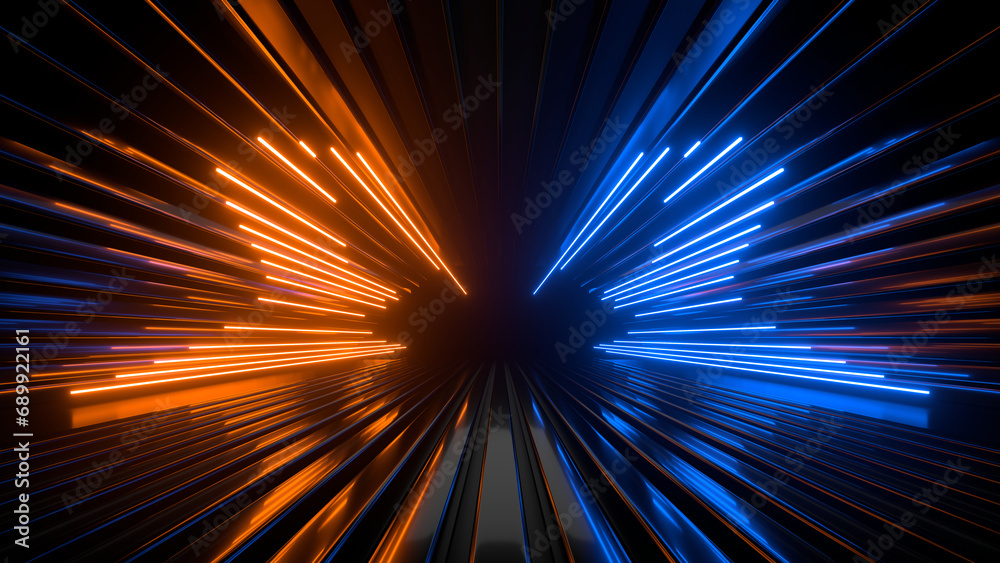 Poster sci fi neon glowing lines in a dark tunnel. reflections on the floor and ceiling. 3d rendering image