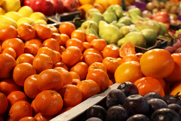 Many different fresh fruits on counter at market, closeup