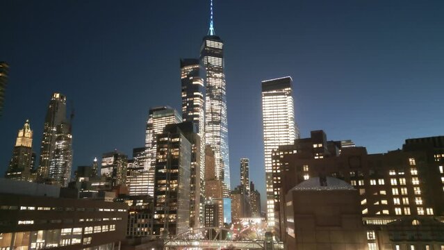 Manhattan At Night City Lights. Night In Manhattan, NYC Aerial View. New York City, Illuminated Manhattan View From Drone. NYC, Manhattan Skyline. Night City Scene NY, USA. Urban American Big City.