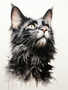 A painting of a black cat looking up.