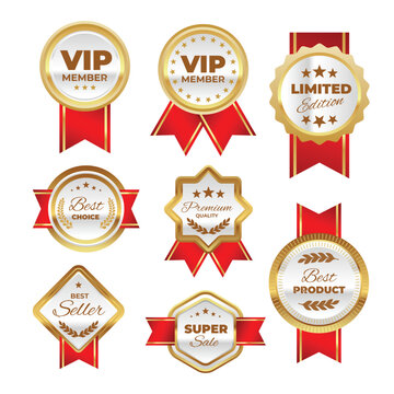 Set of Gold labels with red ribbon collection, glossy labels. Realistic elegant sale frame badge and label Premium Quality Stamp, Luxury royal design, metal badges, vector illustration.