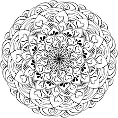 Outline mandala with creative elements and hearts, doodle coloring page with symmetrical