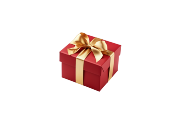Red gift box tied with gold ribbon isolated