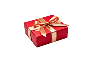 Red gift box tied with gold ribbon isolated