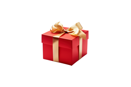 Red gift box tied with gold ribbon isolated