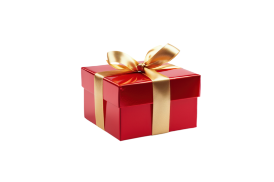 Red gift box tied with gold ribbon isolated