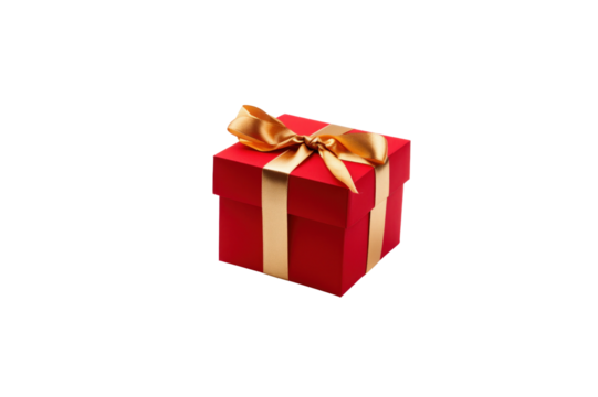 Red gift box tied with gold ribbon isolated