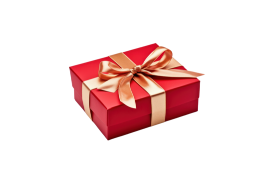 Red gift box tied with gold ribbon isolated