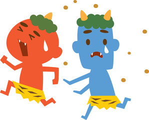 豆から逃げる赤鬼と青鬼のイメージイラスト