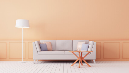 Peach Fuzz Orange color living room interior 2024 - 3D rendering - 689923361
