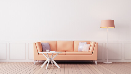 Fototapeta na wymiar Peach Fuzz Orange color living room interior 2024 - 3D rendering