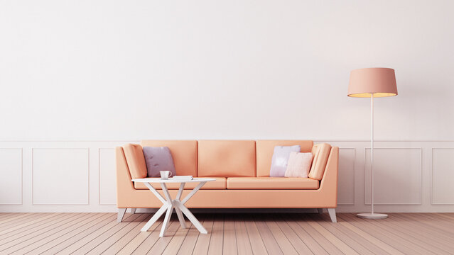 Peach Fuzz Orange color living room interior 2024 - 3D rendering