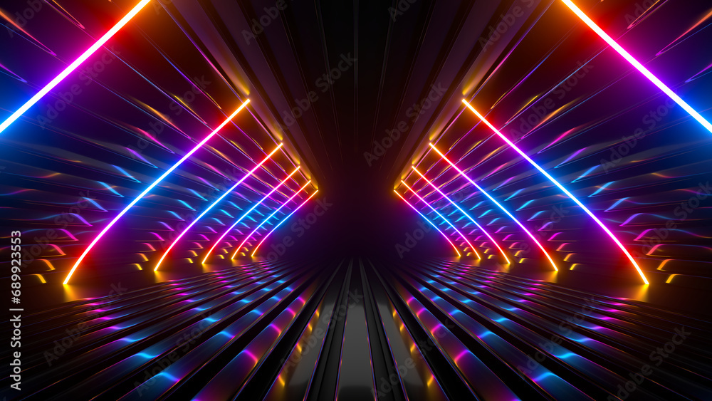 Poster sci fi neon glowing lines in a dark tunnel. reflections on the floor and ceiling. 3d rendering image