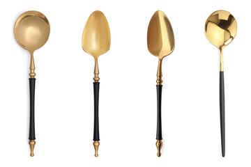 Different stylish golden spoons on white background