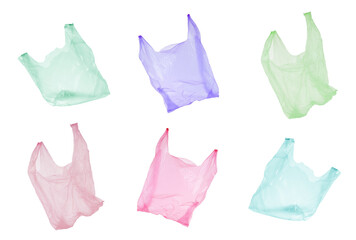 Empty plastic bags on white background, collection
