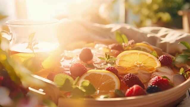 Closeup of a tray of fresh fruit and herbal tea, a perfect accompaniment to a hot springs experience.