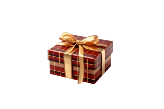 Plaid gift box tied with gold ribbon isolated