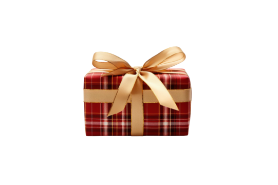 Plaid gift box tied with gold ribbon isolated