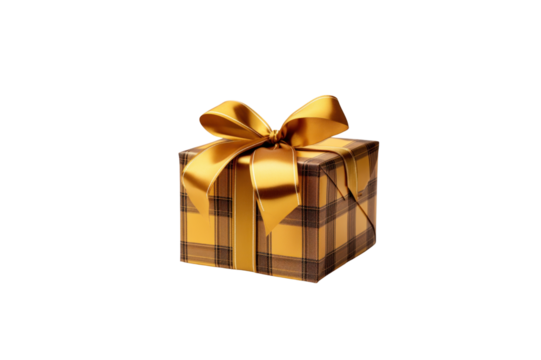 Plaid gift box tied with gold ribbon isolated