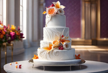 Elegantly decorated wedding cake in a banquet hall.