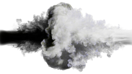 Puffs of black and grey smoke collide against a white background. 3d illustration.  - obrazy, fototapety, plakaty