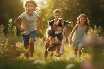 Three young children laughing, and happily running with a dog on a beautiful summer day