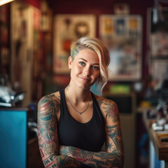 Portrait of a cool confident young woman business owner with arms crossed in a tattoo parlour