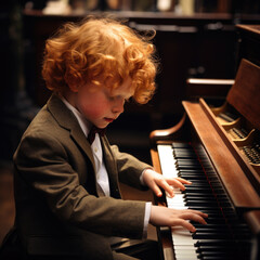 Young redhead boy wearing a suit concentrates and plays the piano at a concert recital