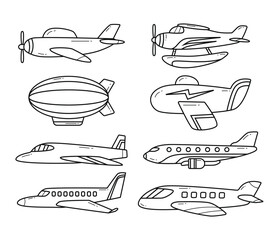 Set of Outline Airplane Line Art Collection, various outline aircraft set, flying aircraft for travelling journey tourist with doodle style. © vesvocrea