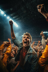Young man at a sporting event raises his arm, and screams with passion in a crowd of people
