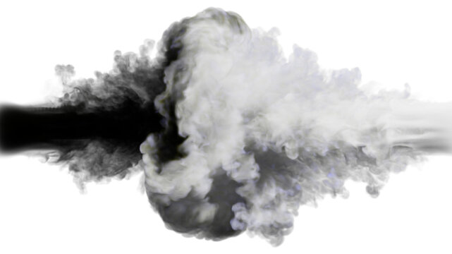 Puffs of black and grey smoke collide against a white background. 3d illustration. 