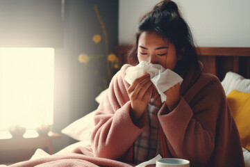 Asian woman sick in bed with the common cold flu blows her nose with a tissue