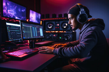 Man wearing headphones edits video and music on a computer in a studio