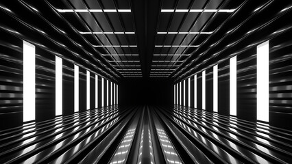 Sci Fi neon glowing lines in a dark tunnel. Reflections on the floor and ceiling. 3d rendering image. Abstract glowing lines. Technology futuristic background.
