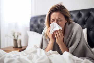 Woman sick in bed with the common cold flu blows her nose with a tissue - obrazy, fototapety, plakaty
