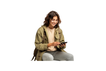 Fun female student wearing a casual sweater Sitting near a backpack, a book, holding hands, using a cell phone