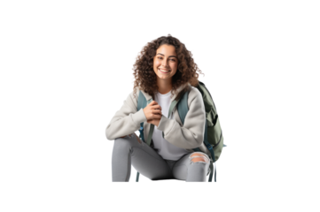 Fun female student wearing a casual sweater Sitting near a backpack, a book, holding hands, using a cell phone