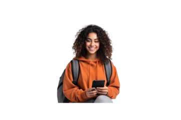 Fun female student wearing a casual sweater Sitting near a backpack, a book, holding hands, using a cell phone