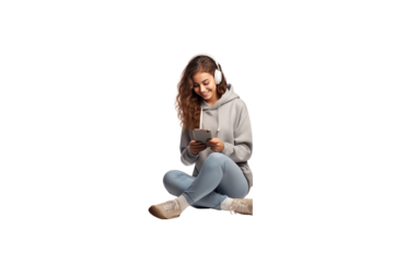 Fun female student wearing a casual sweater Sitting near a backpack, a book, holding hands, using a cell phone