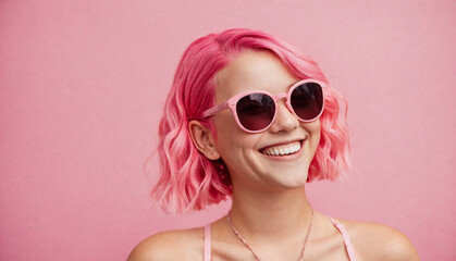 Young girl with pink hair, pink sunglasses, pink background, smiling, happy, summer vibe